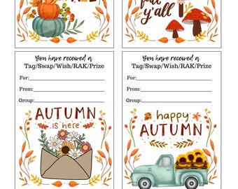 Happy Mail Swap Tags RAK Prize Gift Fall Printable Autumn Pen Pal Supplies Printable Digital Download Snail Insert Print Pumpkins Sunflowers