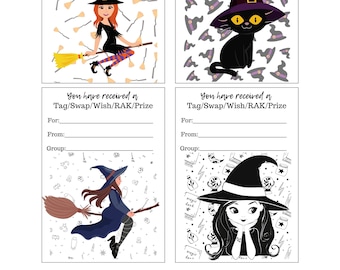 Happy Mail Swap Tags RAK Halloween Witch Prize Gift Printable Pen Pal Supplies Digital Download Snail Insert Print Cat Pagan Wiccan Witchy