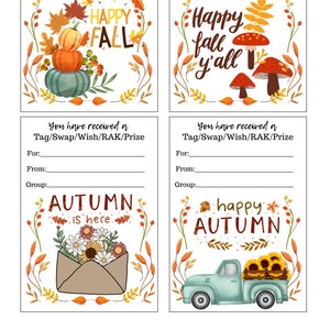 Happy Mail Swap Tags RAK Prize Gift Fall Printable Autumn Pen Pal Supplies Printable Digital Download Snail Insert Print Pumpkins Sunflowers