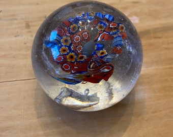 Vintage Glass Paperweight Tiny Flowers Decorative Ball