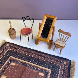 Variety Dollhouse Miniatures: Rug Chair Mirror Butter Churn Doll Furniture