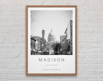 Madison, Wisconsin affischtryck, digital nedladdning, väggkonst, Madison-bild, huvudstad, nedladdning i hög kvalitet