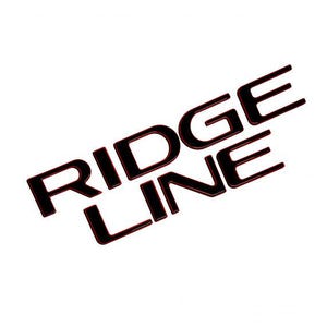 May include: Black and red "RIDGE LINE" emblem on a white background. The letters are black with a red outline, creating a bold, eye-catching design. The text is angled diagonally.
