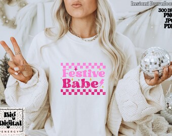 Retro Festive AF tshirt design, Retro wavy Bubble Letter Font Festive Babe, Pink Checkered Christmas Aesthetic