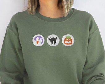 Embroidered Halloween Cookies Boo Sweatshirt, Spooky Season Crewneck Sweatshirt, Ghost and Pumpkin Embroidered