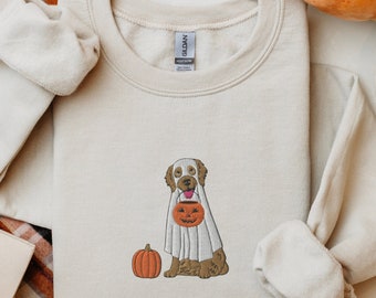 Embroidered Golden Retriever Halloween Sweatshirt, Ghost Dog Crewneck