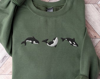 Embroidered Trio of Orcas Sweatshirt, Embroidered Orcas Sweatshirt, Orcas Shirt, Orca Whale Shirts, Ocean Shirts, Fish Shirts, Marine Shirts