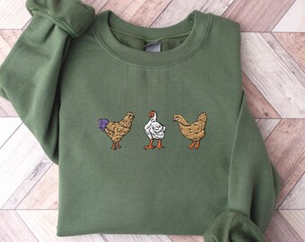 Embroidered 3 Chickens Crewneck Sweatshirt, Funny Farm Animal Gift