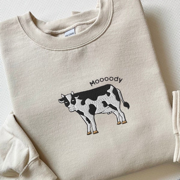 Embroidered Cow Sweatshirt, Moody Cow Crewneck, Embroidered Cow Sweater, Gift for Cow Lovers, Cottage Farm Animal Embroidery, Unisex Shirt