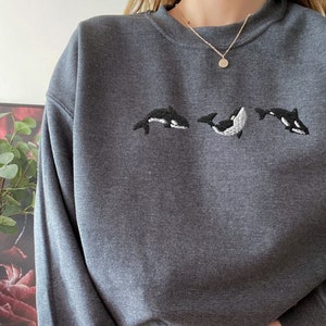 Embroidered Trio of Orcas Sweatshirt, Embroidered Orcas Sweatshirt, Orcas Shirt, Orca Whale Shirts, Ocean Shirts, Fish Shirts, Marine Shirts