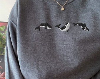 Embroidered Trio of Orcas Sweatshirt, Embroidered Orcas Sweatshirt, Orcas Shirt, Orca Whale Shirts, Ocean Shirts, Fish Shirts, Marine Shirts