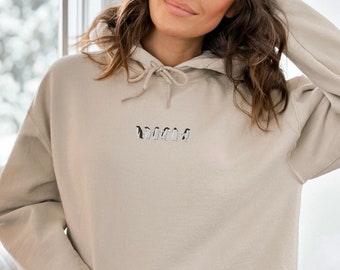 Felpa con cappuccio unisex con pinguini ricamati, comodo maglione con pinguini