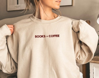 Bestickte Bücher + Kaffee Sweatshirt, besticktes Sweatshirt Buchliebhaber, Bücher + Kaffee Minimalist Hoodie, Buchliebhaber Geschenk, Bücherwurm Shirt