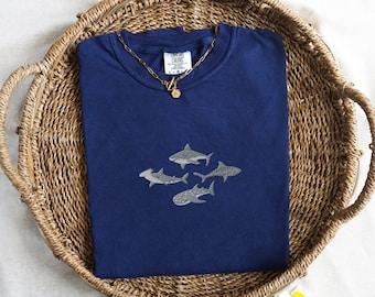 Embroidered Sharks Comfort Colors T-Shirt, Marine Biology Gift