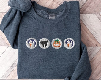 Embroidered Halloween Sweatshirt, Ghost Pumpkin Cookies, Spooky Crewneck