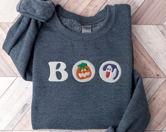 Embroidered Halloween Cookies Boo Sweatshirt, Halloween Cookies Shirt, Spooky Season Crewneck Sweatshirt, Ghost and Pumpkin Embroidered