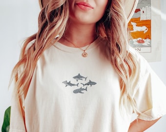 Embroidered Sharks Comfort Colors T-shirt, Marine Biology Gift