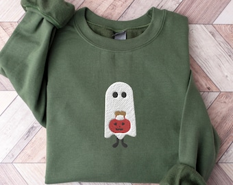 Embroidered Trick or Treat Ghost Sweatshirt, Halloween Ghost Shirt, Halloween Shirt, Ghost Pumpkin Shirt, Embroidered Ghost Shirt, Spooky