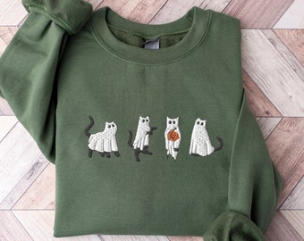 Embroidered Ghost Cat Halloween Sweatshirt, Spooky Season Shirt