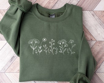 Embroidered Wildflower Crewneck Sweatshirt, Botanical Floral Design