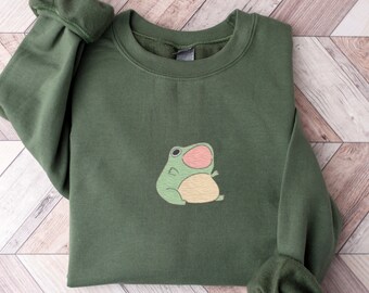 Embroidered Screaming Frog Sweatshirt, Cottagecore Kawaii Crewneck