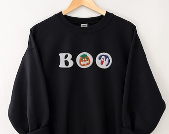 Embroidered Halloween Sweatshirt, Boo Ghost Pumpkin Crewneck