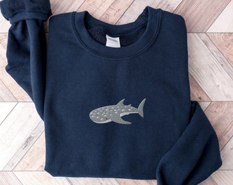 Embroidered Whale Shark Sweatshirt, Cozy Ocean Crewneck
