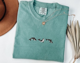 Embroidered Trio of Orcas Comfort Colors t-shirt, Unisex Orca Tshirt, Whale Shirt, Orca Shirt, Shark Shirt, Marine Biology Gift for Him/Her