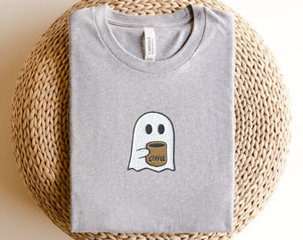 Embroidered Little Ghost Iced Coffee Tee, Embroidered Ghost Coffee Sweatshirt, Comfort Colors Ghost Bubbletea Tshirt, Ghost Halloween Tee