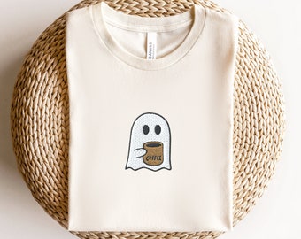 Embroidered Little Ghost Iced Coffee Tee, Embroidered Ghost Coffee Sweatshirt, Comfort Colors Ghost Bubbletea Tshirt, Ghost Halloween Tee