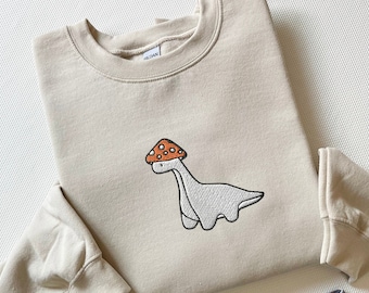Embroidered Mushroom Dinosaur Sweatshirt, Mushroom Dinosaur Shirt, Paleontology Shirt Dino Shirt Velociraptor Shirt Trex Shirt Dinosaur Gift