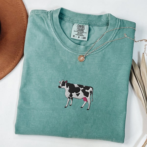 Embroidered Moody Cow Comfort Colors Tshirt, Unisex Cow Tshirt, Embroidered Cow Shirt, Gift for Cow Lovers, Cottage Farm Animal Embroidery