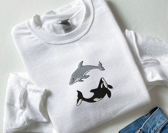 Embroidered Orca & Dolphin Sweatshirt, Embroidered Yin Yang Sweatshirt, Orcas Shirt, Dolphin Shirt, Ocean Shirt, Fish Shirt, Marine Shirts