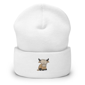 Embroidered Highland Cow Cuffed Beanie, Highland Cow Beanie, Scottish Highland Cow Embroidered Beanie, Highland Cow Hat, Gift for her / him
