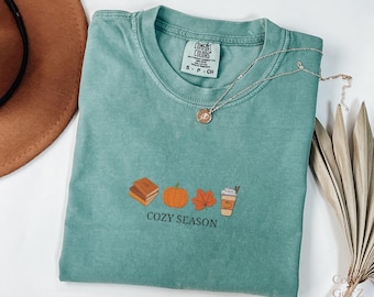 Embroidered Fall T-Shirt: Pumpkin, Latte, Book Lover Tee