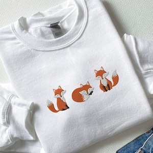 Embroidered Fox Sweatshirt, Animal Lover Gift, Cottage Core White