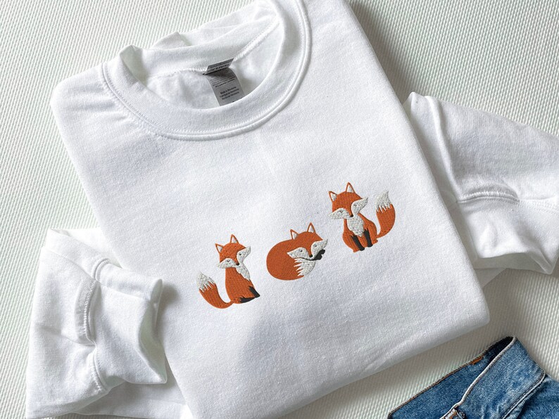 Embroidered Fox Sweatshirt, Animal Lover Gift, Cottage Core White