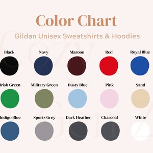 May include: Colour chart showing the different colours available for Gildan unisex sweatshirts and hoodies. The colours include black, navy, maroon, red, royal blue, Irish green, military green, dusty blue, pink, sand, indigo blue, sports grey, dark heather, charcoal, and white.