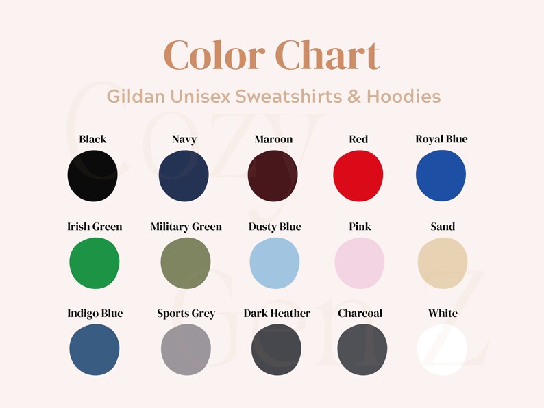 May include: Colour chart showing the different colours available for Gildan unisex sweatshirts and hoodies. The colours include black, navy, maroon, red, royal blue, Irish green, military green, dusty blue, pink, sand, indigo blue, sports grey, dark heather, charcoal, and white.