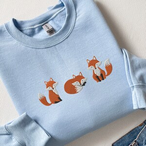 Embroidered Fox Sweatshirt, Animal Lover Gift, Cottage Core Light Blue