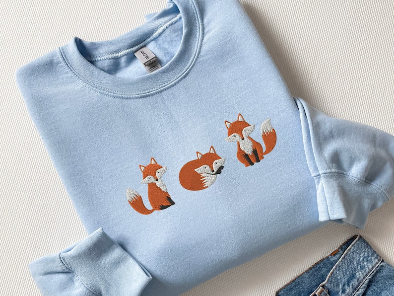 Embroidered Fox Sweatshirt, Animal Lover Gift, Cottage Core Light Blue