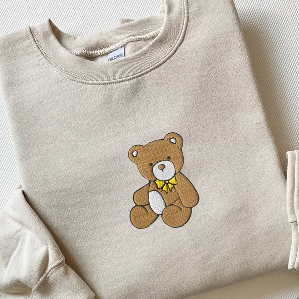 Embroidered Teddy Bear Bow Sweatshirt, Embroidered Teddy Bear Tshirt, Teddy Bear Shirt, Comfort Colors Teddy bear Shirt Embroidered Crewneck