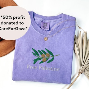 Camiseta Comfort Colors Free Palestine, Camiseta Palestina Bordada com Azeitonas, Camiseta Palestina Livre com Gaza, Camiseta Palestina Bordada com Frutas