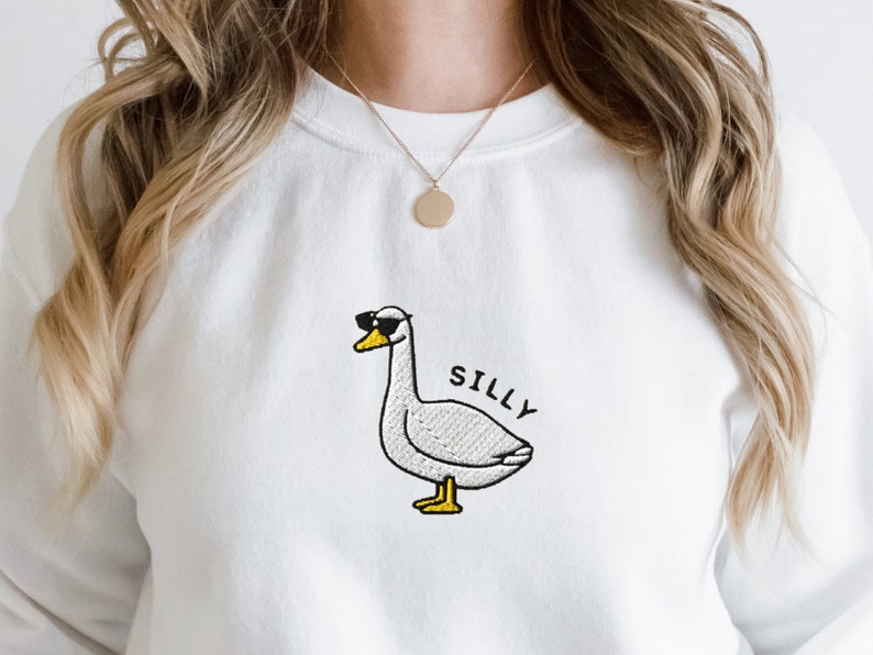 Embroidered Silly Goose Sweatshirt, Embroidered Goose Sunglasses Crewneck Sweatshirt, Silly Goose Shirt, Funny Sweatshirt, Farm Animal Shirt image 3