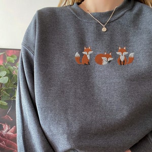 Embroidered Fox Sweatshirt, Animal Lover Gift, Cottage Core Dark Heather
