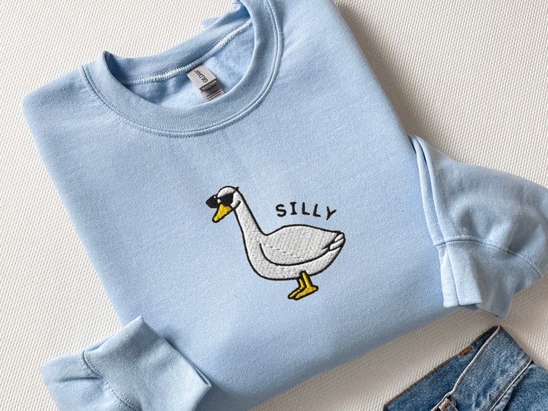 Embroidered Silly Goose Sweatshirt, Embroidered Goose Sunglasses Crewneck Sweatshirt, Silly Goose Shirt, Funny Sweatshirt, Farm Animal Shirt image 2
