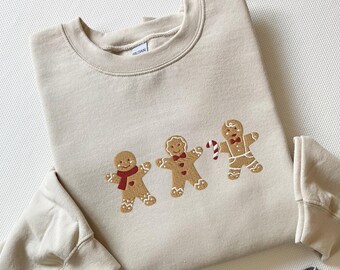 Embroidered Gingerbread Christmas Sweatshirt, Cozy Holiday Crewneck
