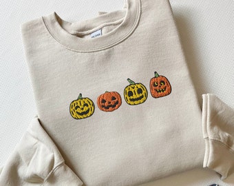 Embroidered Pumpkin Sweatshirt, Jack-o-Lantern Sweatshirt, Halloween Sweatshirt, Pumpkin Light Shirt, Fall Crewneck, Spooky Season Crewneck