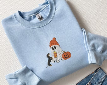 Embroidered Ghost Dachshund Sweatshirt, Halloween Doxie Crewneck