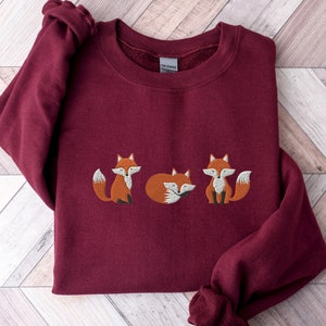 Embroidered Fox Sweatshirt, Animal Lover Gift, Cottage Core Maroon